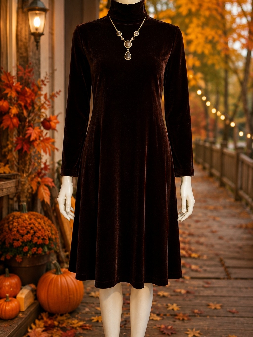 Turtleneck Velvet A-Line Dress in Deep Brown